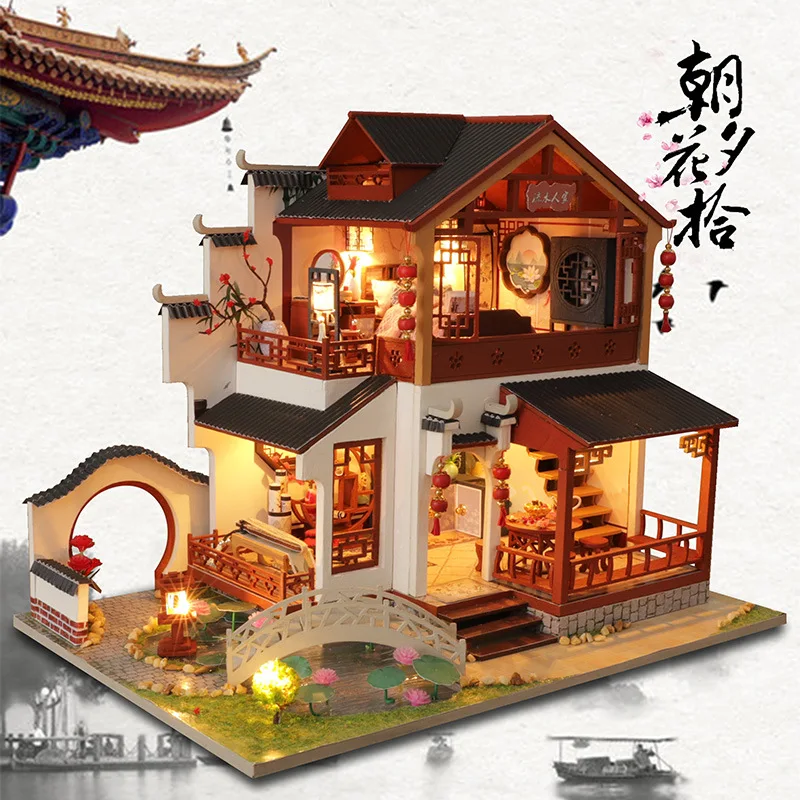 

New DIY Wooden Dollhouse Chinese Architecture Doll Houses Miniatures with Furniture Toys for Children Friend Birthday Gift