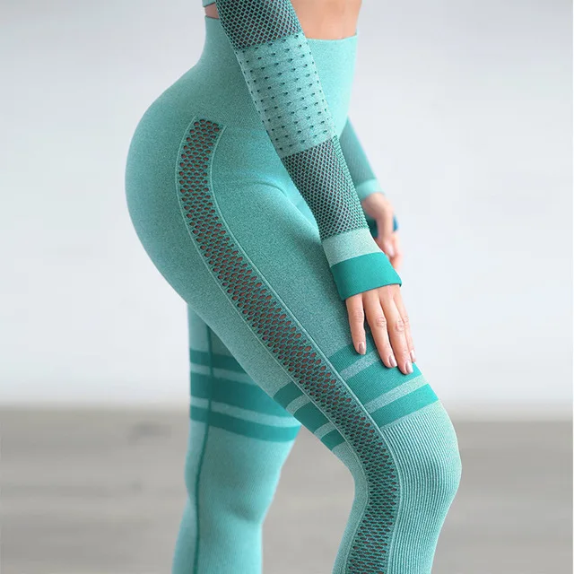 Женский однотонный комплект для йоги с длинным рукавом, полый фитнес-Йога для женщин, дышащие леггинсы+ укороченные рубашки, плотная Спортивная одежда для бега - Цвет: Green Pants