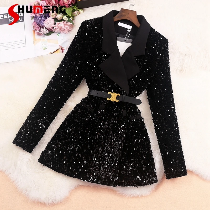 2022 Fall New Women's Sequined Suit Collar Mid-length Blazer Business Long Lseeve Shiny Sequins Coat Office Fashion Ladies | Женская