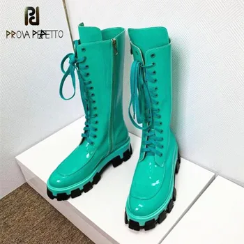 

Patent Leather Knee High Boots For Women Lace Up Platform Boots Woman Motorcycle Boots Brand Designer Winter Botines Mujer 2019