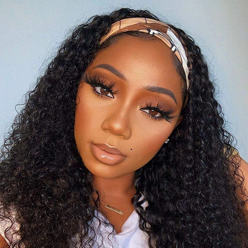 IJOY Curly Headband Wig Brazilian Natural Human Hair Wigs For Black Women Full Machine Made Wig Non-Remy Curly Headband Wig