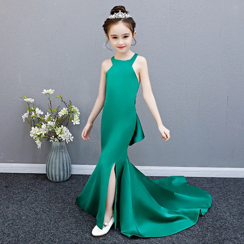 

Elegant Girl Halter Mopping Catwalk Dress 2023 Summer New Girl Green Sleeveless Split Tail Model Costume Dress Princess Dress