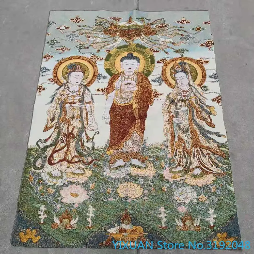 

Sansheng Sanshi Buddha silk Thangka brocade painting gold silk cloth weaving embroidery silk embroidery antique crafts