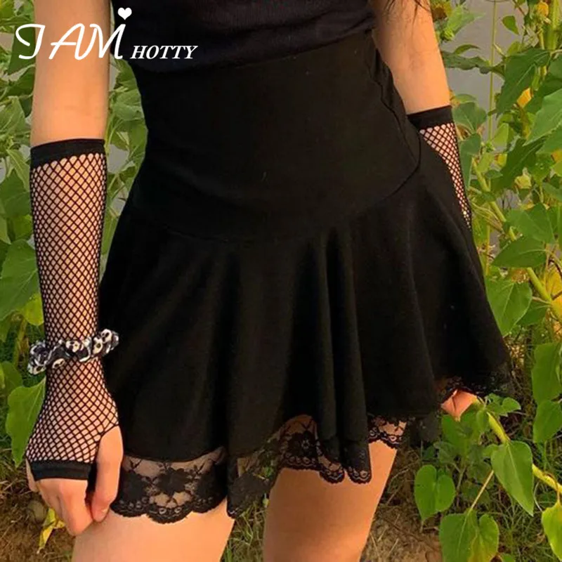 

High Waist Lace Black Pleated Gothic Skirt Women E-girl Vintage Soft Clubwear Party Korean Style Fashion Streetwear 90s Iamhotty
