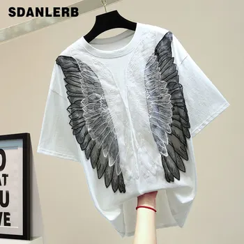 

Cool Lace Wings Stitching Women's T-shirt 2020 Summer Loose Temperament Contrasting Color Short-Sleeved Top T Shirts Students
