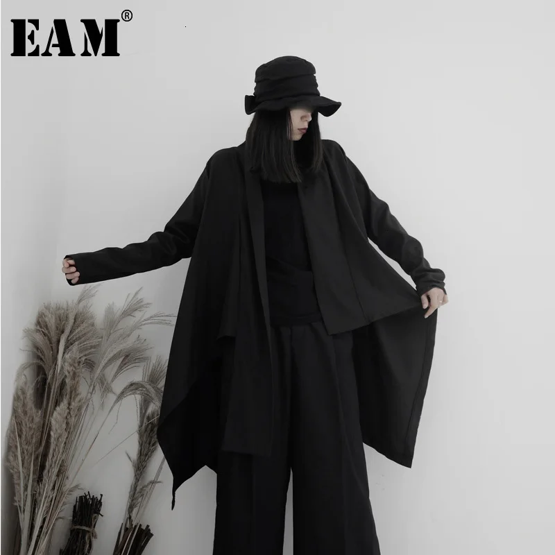 

[EAM] Women Black Asymmetrical Big Size Trench New V-neck Long Sleeve Loose Fit Windbreaker Fashion Autumn Winter 2020 19A-a619