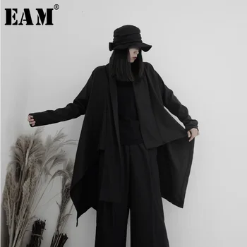 

[EAM] Women Black Asymmetrical Big Size Trench New V-neck Long Sleeve Loose Fit Windbreaker Fashion Spring Autumn 2020 19A-a619