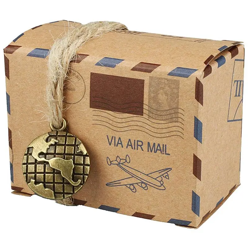 

50pcs Inspired Airmail Favor Boxes Bonbonniere With Globe Kraft Paper Candy Boxes Gift Box With Burlap Twines for wedding airp
