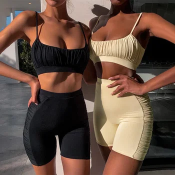 2020 Female Women 2PCS Tracksuit Clothes Set Summer GYM Casual Solid Outfit Top Crop Vest High Waist Shorts Costume Clothing 1