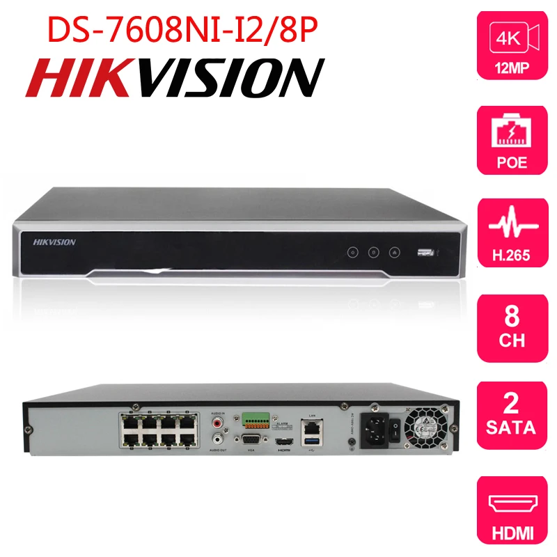 Hikvision 8ch CCTV рекордер PoE NVR DS-7608NI-I2/8 P 8-канальный встроенный Plug &amp Play 4K сетевой