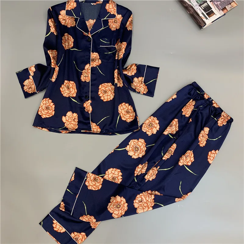 

Elegant High-end Satin Ink Printing Pajamas Long Sleeve V-Neck Loungewear Women Sleepwear Spring Trousers Two Piece Home Clothes