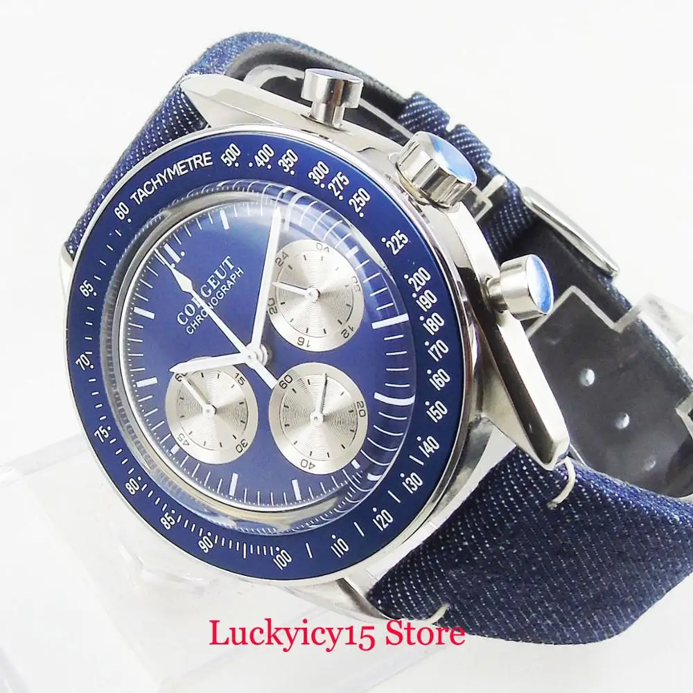

Quartz Watch Men's Wristwatch 40mm Polished Watch Case Chronograph Function 24 Hours Blue Dial