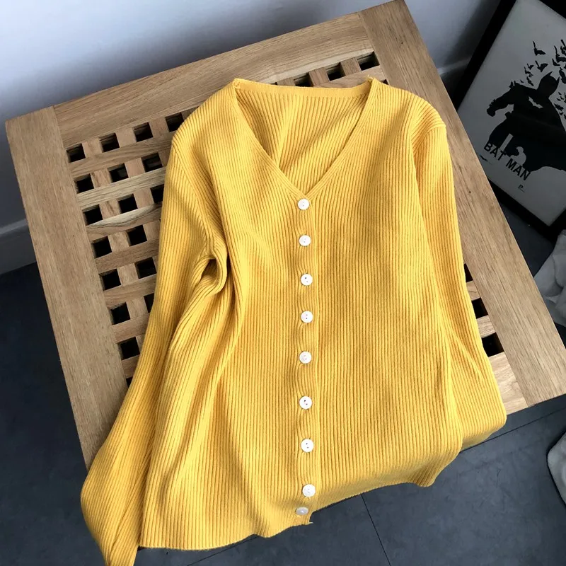 Осенний женский свитер контрастного цвета с v-образным вырезом и длинными рукавами, Однотонный свитер, тонкая на кнопках, вязаный кардиган
