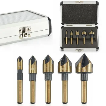 

5-Piece Countersink Drill Bit 82-Degree 1/4" to 3/4" Five-Flute HSS Punch Tool Set Woodworking Tool with Storage Case