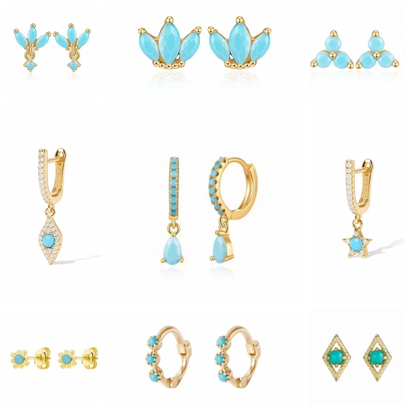 Pendientes de plata de ley 925 estilo bohemio para mujer, joyería coreana, joyería ostentosa, Piercing turquesa, Aretes minimalistas