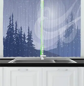 

Ceil Blue Dark Lavender Forest Kitchen Curtains Monochromatic Winter Landscape with Tree Silhouettes Wind Swirls for Kitchen