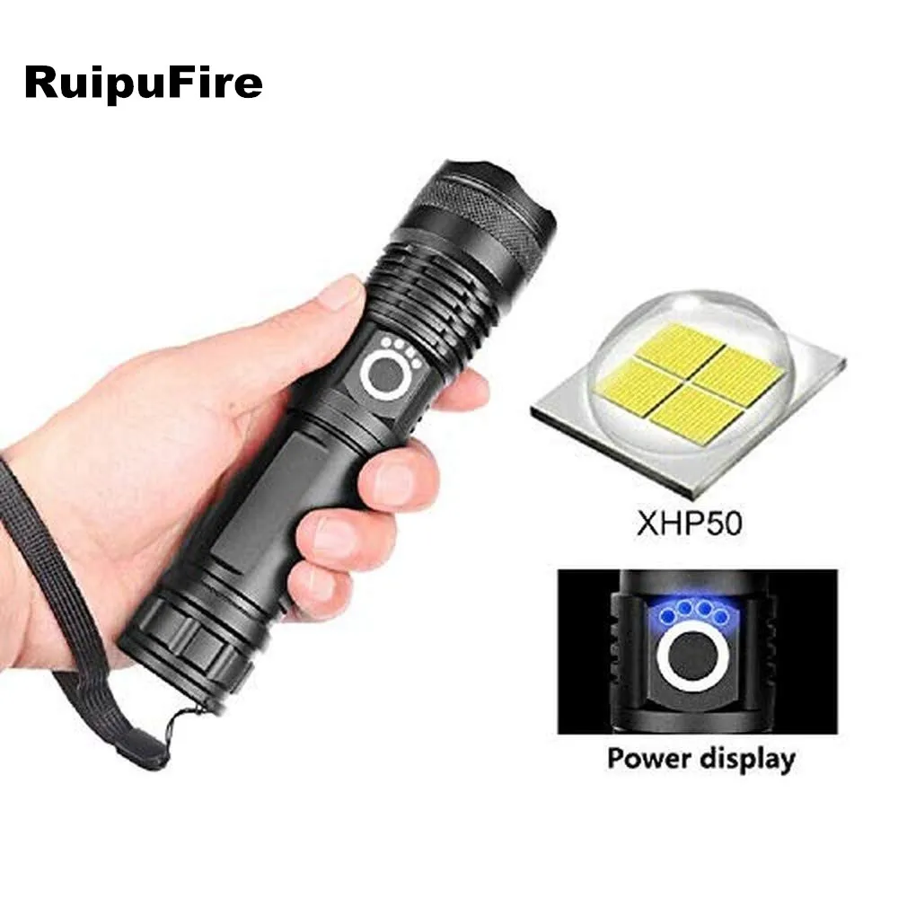 Ruipu Fire XHP50 Water Resistant Handheld LED Light 90000 Lumens Telescopic USB Zoom Torch Waterproof Camping Flashlight