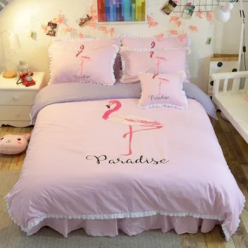 

4Pcs/Set Flamingo Girl Duvet Cover Bed Cover Set Lotus leaf Adult Child Bed Sheets And Pillow Cases Bedding Set