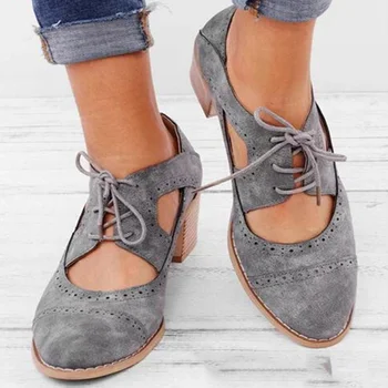 

Women Vintage Pumps Lace Up Women Chunky Square Heels Hollow Out Retro PU Leather Ladies Sandals Female Summer Plus Size Shoes