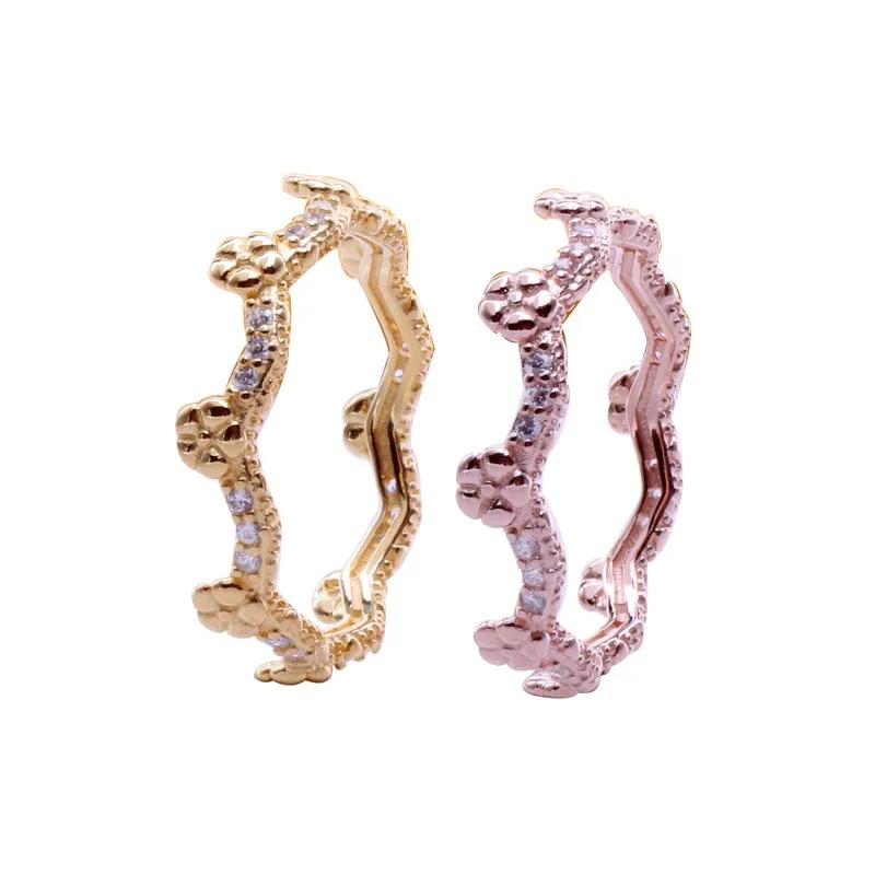 

Original 925 Sterling Silver Pan Ring Rose Gold Sparkle Floret Crown Pan Ring For Women Wedding Party Gift Fashion Jewelry