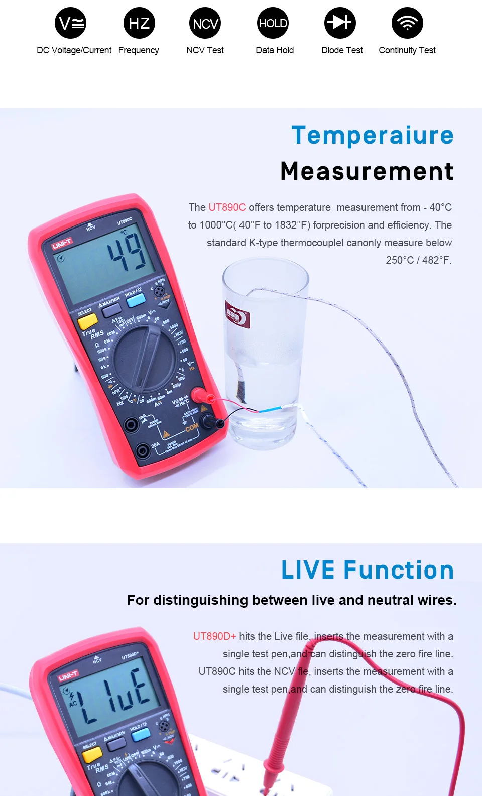 UNI-T UT890C UT890D+ True RMS цифровой мультиметр AC DC Напряжение измеритель тока Сопротивление Емкость ACV Измерение частоты ЖК-дисплей NCV