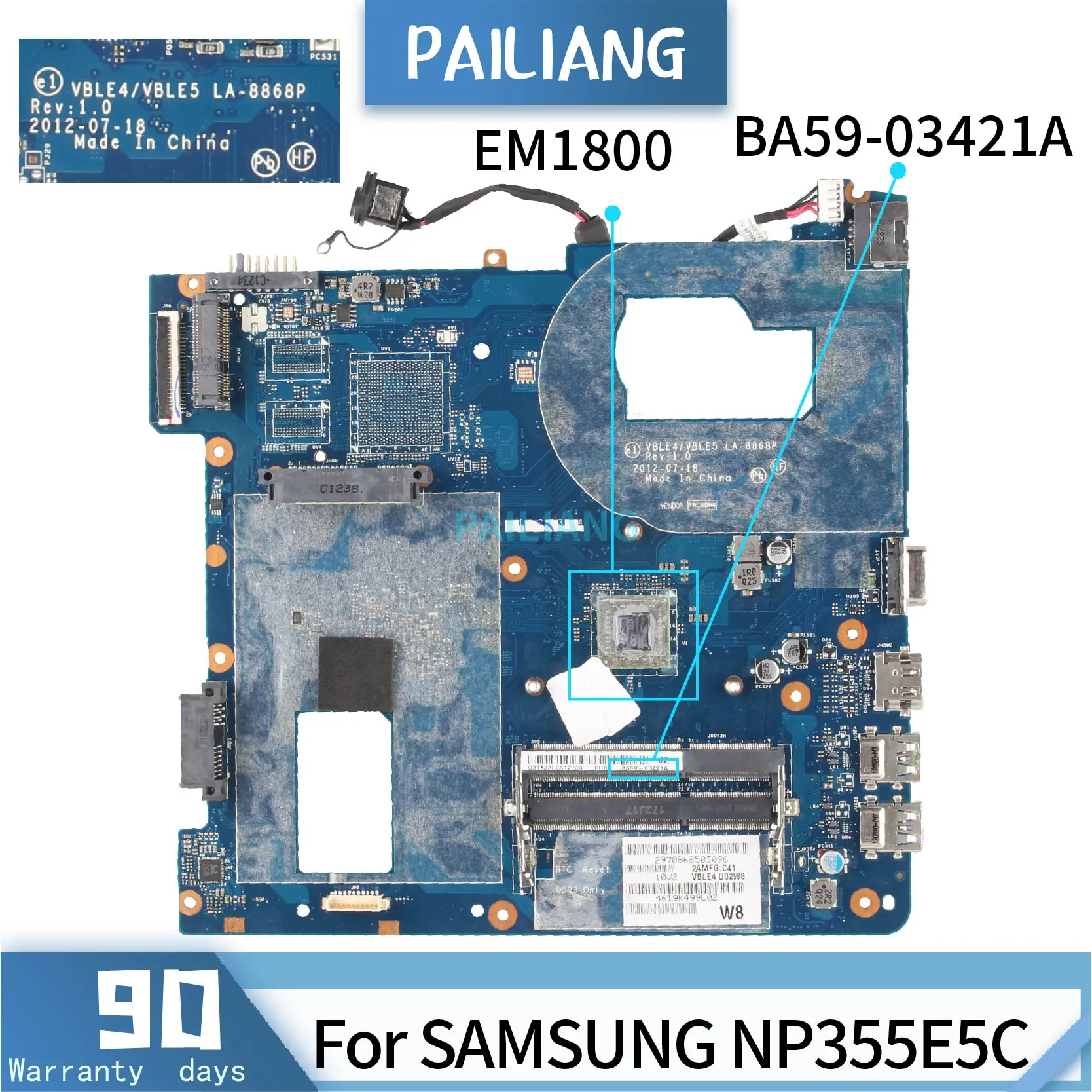 

PAILIANG Laptop motherboard For SAMSUNG NP355E5C Mainboard Core EM1800 TESTED BA59-03421A LA-8868P DDR3