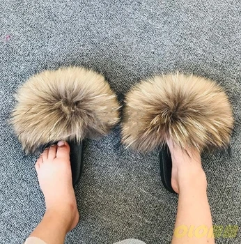 

2020 real fox fur slippers for kids Raccoon Slides Beach Slippers Chinelos Menina Slippers Girl Slippers For Children EU24-35