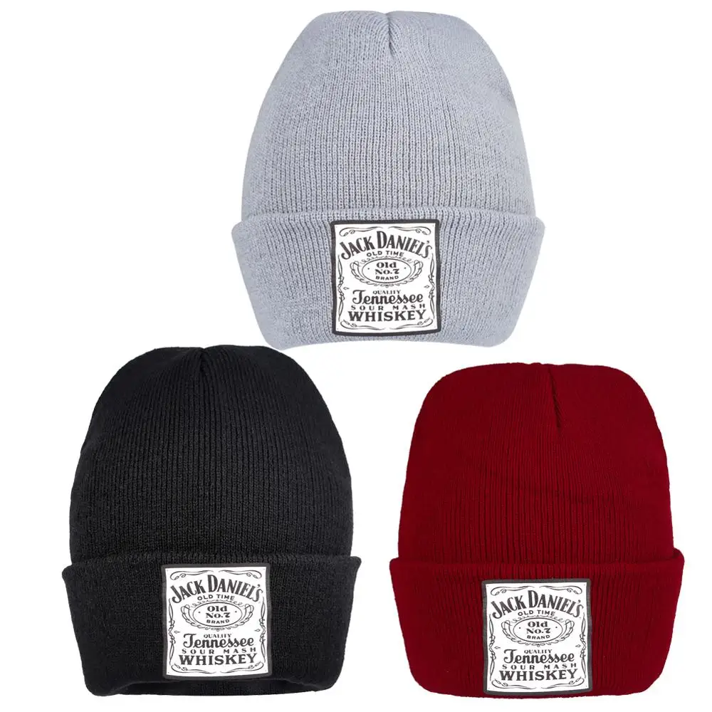 

Winter Hat Jack Daniel's Hats Black Grey Red Beanie Foldable Crochet Solid Simple Korean Style Thick Warm Knitted Skullies Cap