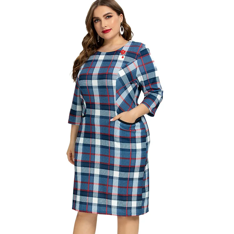 2020 Summer Womens Plus Size Plaid Dress Fashion Ladies Elegant Club