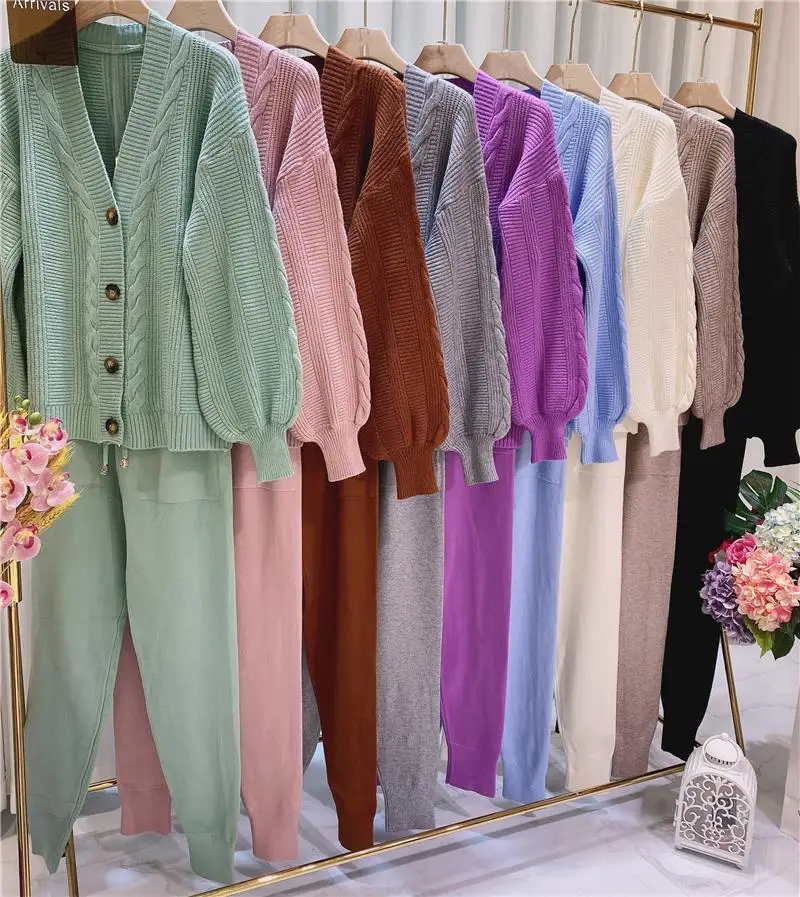 Winter Vintage Knitted Suit Women's Two-Piece Set Casual Solid Twist Cardigan Sweater Slim Pants Autumn Female Outfit