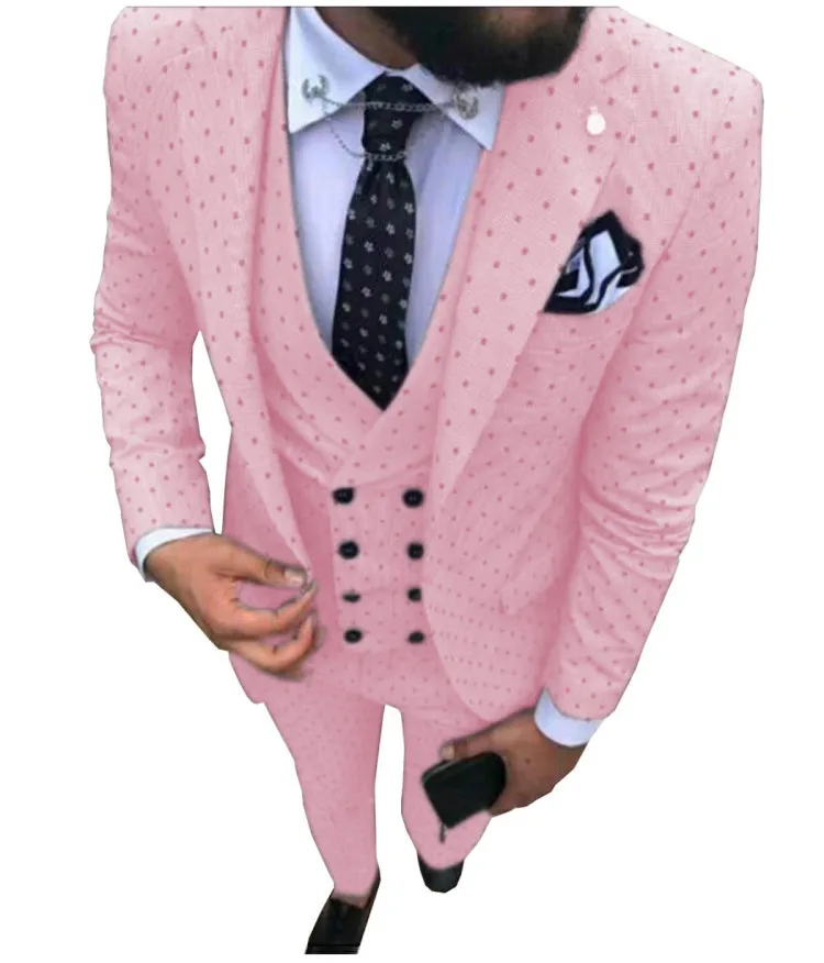 Mens Suit 3 Piece Pink Fashionable Wave Point Notched Lapel for Wedding Tuxedos Groom Suit (Jacket+Vest+Pants) morning style one button groom tuxedos peak lapel groomsmen mens wedding business prom suits three piece suit jacket pants vest