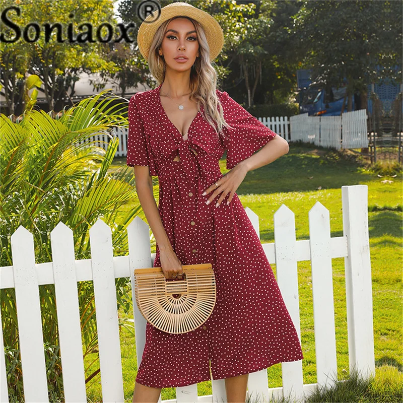 

2021 Summer New Women Floral Midi Long Dress New Wave Point Robe V-Neck Sexy Dresses Hollow Out Lotus Short Sleeve Bow Vestidos