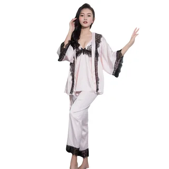 

Pink Pyjamas Women 3Pieces Pajamas for Women 2019 Pijama Elegant Sleepwear Female Sexy Rayon At All Seasons Silk Pajamas Set