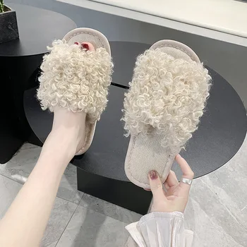 

Women Spring Autumn Indoor Pvc Material Outdoor Fur Slippers Casual Non-Slip Fashion Flat Plush Solid Color Ladies Slippers