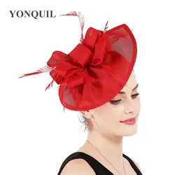 Для женщин Винтаж большой Дерби петли fascinators шляпы женские красные события перо гоночный головной убор аксессуары для волос fedora дот шляпы