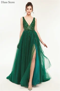 

Green Prom Dress Sweep Train A-line Split Sleeveless Bead Sequins Deep V-neck Illusion Backless Evening Dress коктейльные платья
