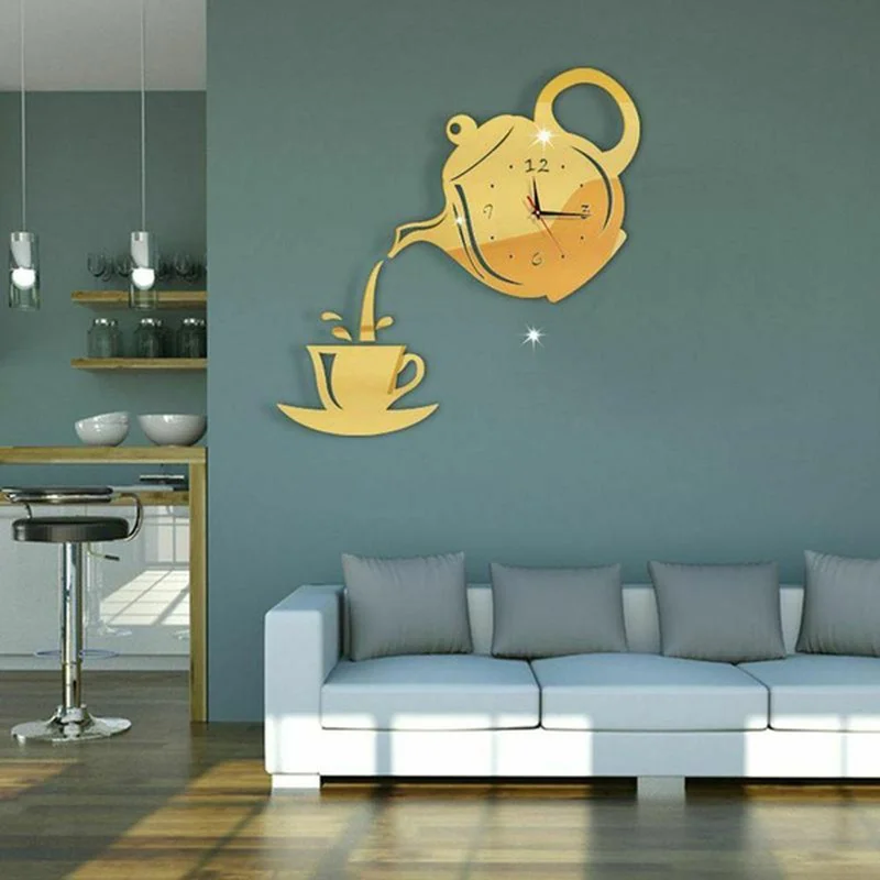 3D Wall Art Clock Stickers Acrylic Coffee Cup Teapot Self Adhesive Mirror DIY Wall Clock Kitchen Home Teahouse Decoration