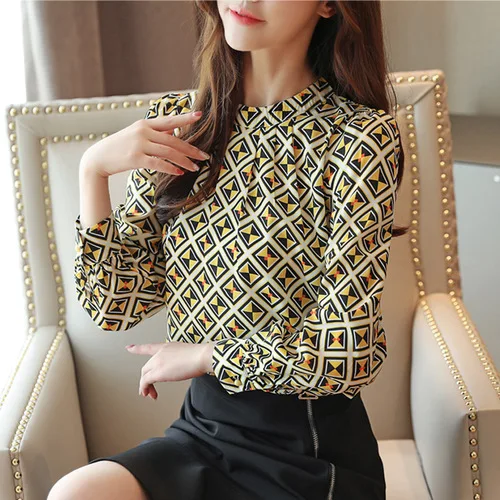 Blusas mujer de moda Женские топы и блузки с круглым вырезом, шифоновая Женская одежда с принтом, рубашки с длинным рукавом, женские топы 6053 50 - Цвет: Цвет: желтый