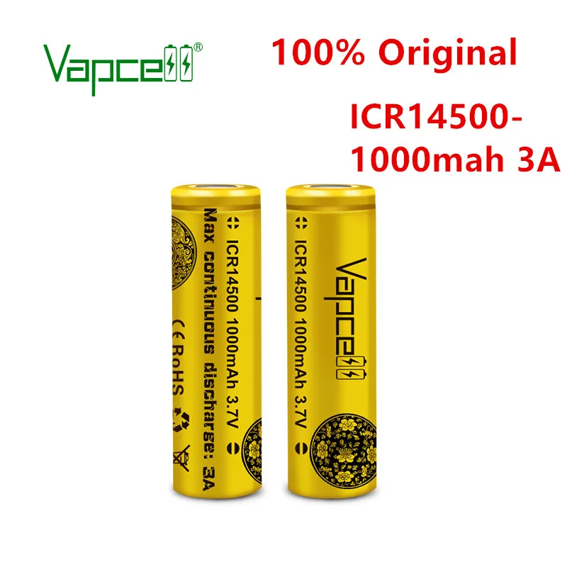 Оригинальный литиевый мини-аккумулятор Vapcell 3 7 в ICR 14500 аккумулятор 1000 мАч 3A PK 14500p