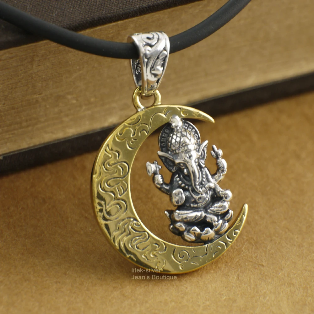 Мужской кулон для йоги серебряная подвеска Lord Ganesha на золотой Луне а2110|pendant