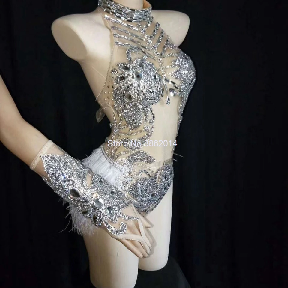 odysuit-with-gloves Sparkly Silver Crystals Mesh Bodysuit Women Feather Leotard Outfit Female Bar Dance Stage Party Dance Costume Celebrate Dress 
