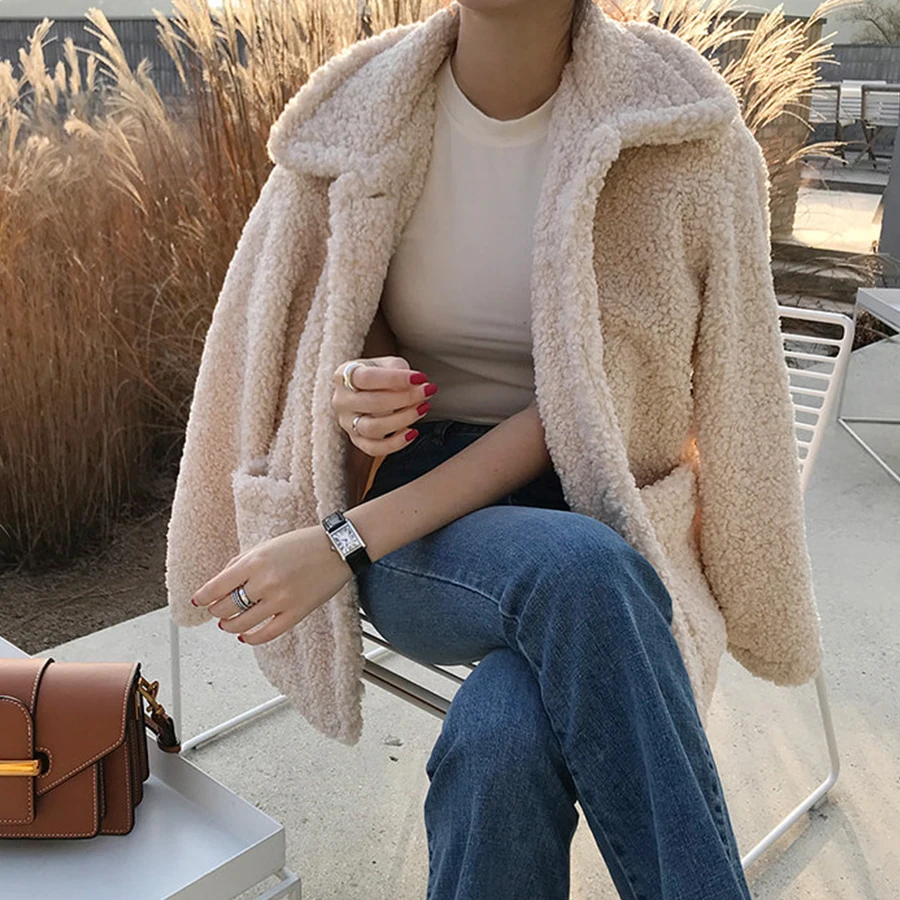 wonderful  Solid Faux Lamb Winter Jackets Women Korean Single-Breated Thicken Jacket Coats Female Harajuku Par