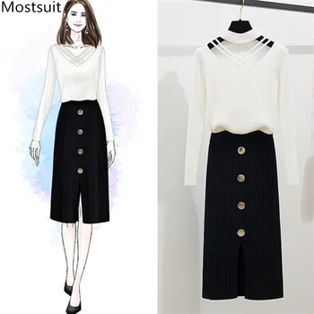 

Sexy Elegant Two Piece Set Women Autumn Long Sleeve Hollow Out Sweater Tops And Button Split Skirt Suit Set Outfit Streetwear