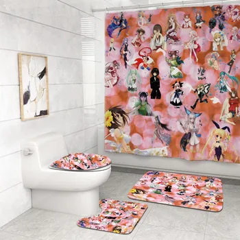

Anime Character Print Waterproof Bath Set Toilet Cover Mat Non Slip Rug 4 Piece Polyester Fabric Shower Curtains Rug Mat Set