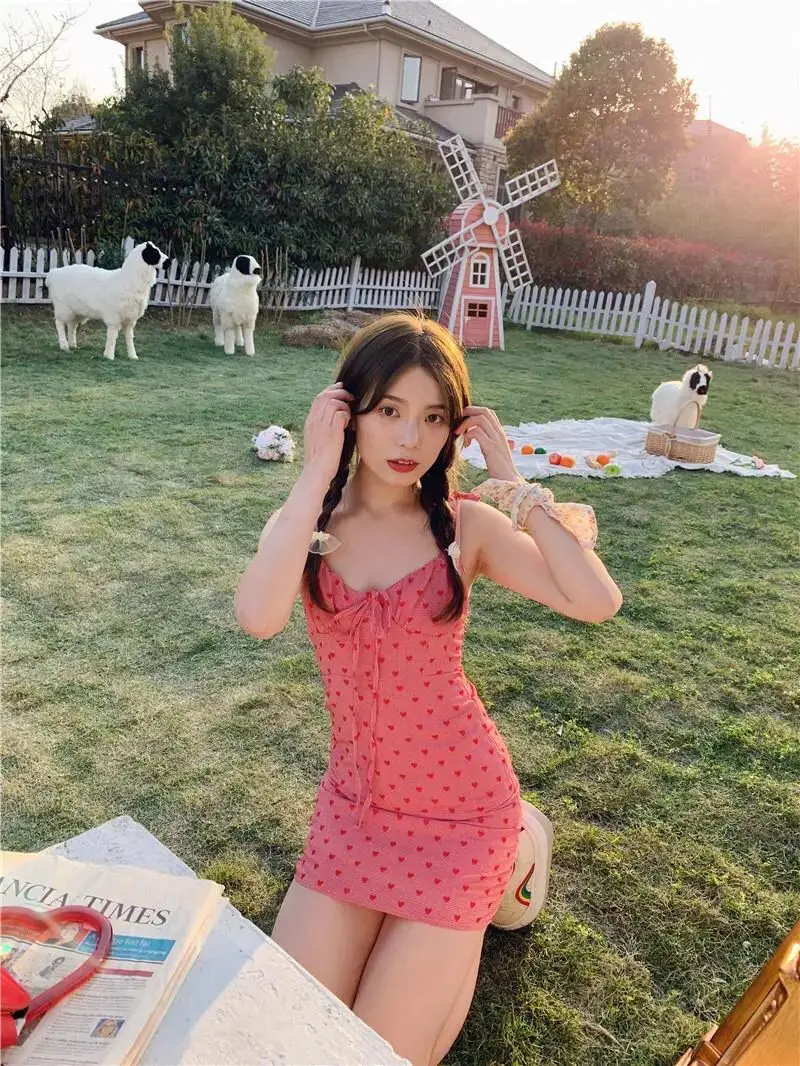Sleeveless Sheath Midi Dress Women’s Sexy Bandage Cute Ulzzang Mini Trendy Holiday Vacation Womens Student Summer Beach Getaway Popular Leisure Ins Comfortable Spaghetti Straps Dresses for Woman in love heart Pink 