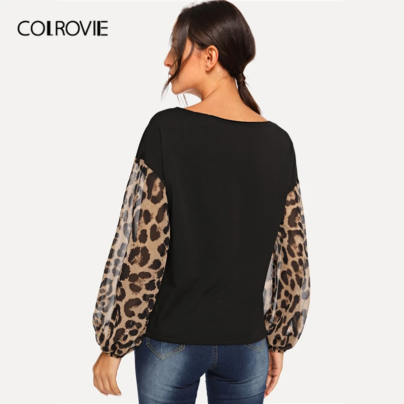 COLROVIE Леопардовый контрастный сетчатый пуловер Длинный рукав средней длины толстовки осень уличная Женская толстовка с рукавом Бишопа повседневные топы
