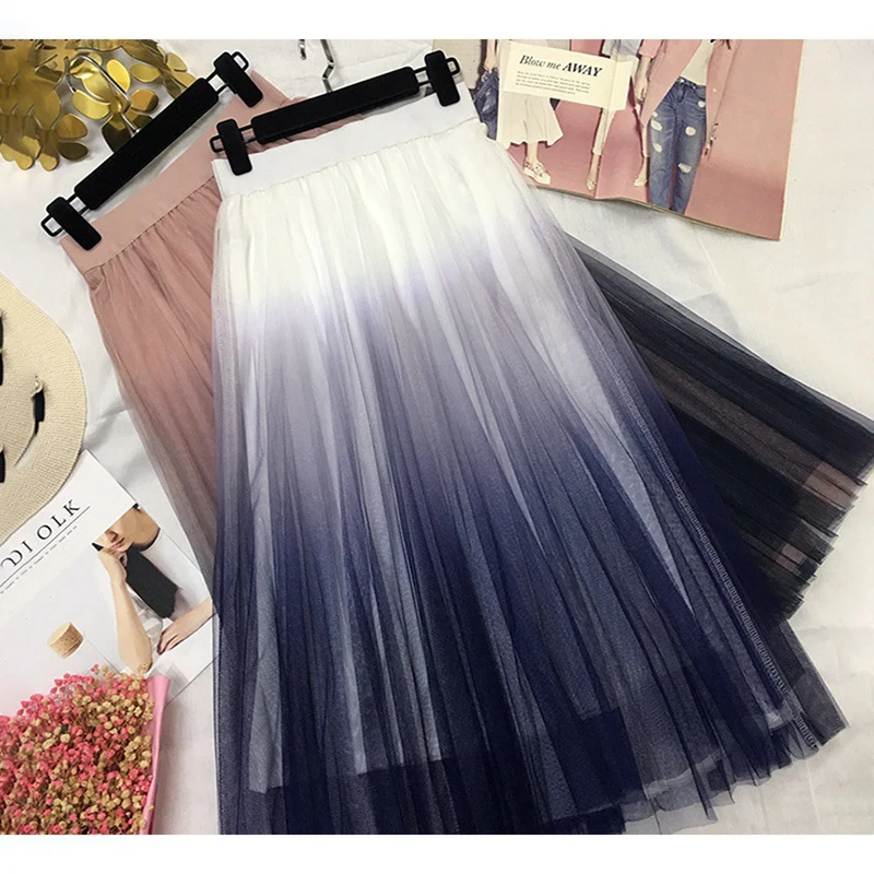 

2019 New Women Gradient Mesh Skirt Korean Hight Waist Skirts Casual Harajuku Style Skirts Three-colors