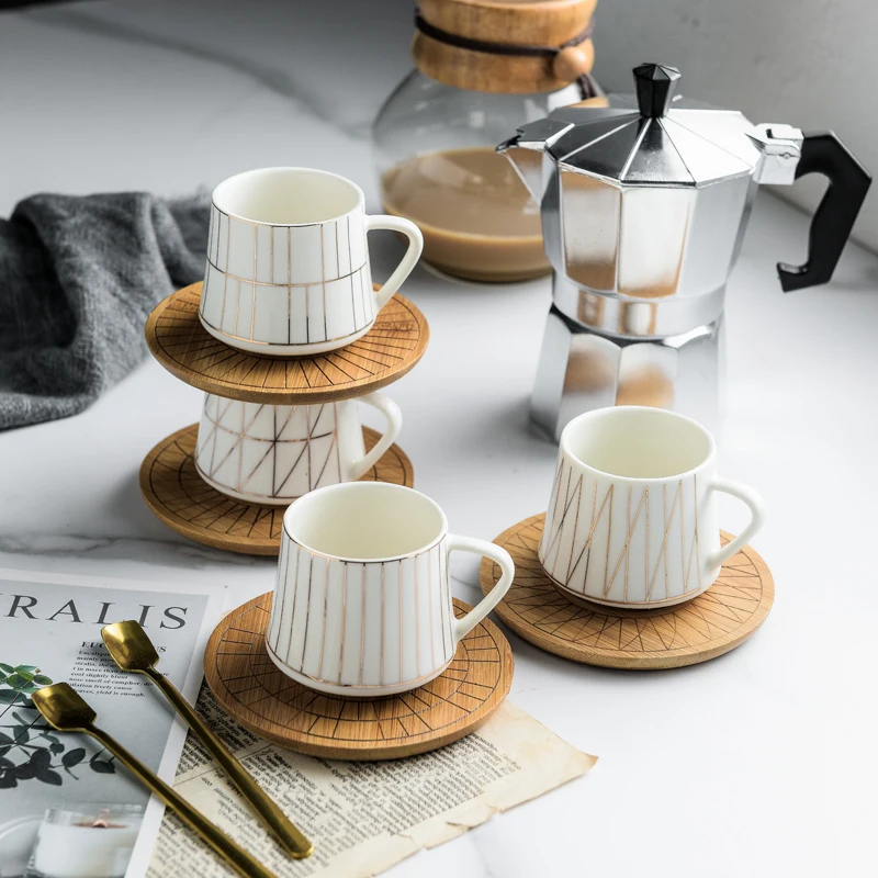 

Creative line striped ceramic coffee cup with bamboo dish Nordic afternoon tea mini 80ml concentrated coffee cup to send spoon