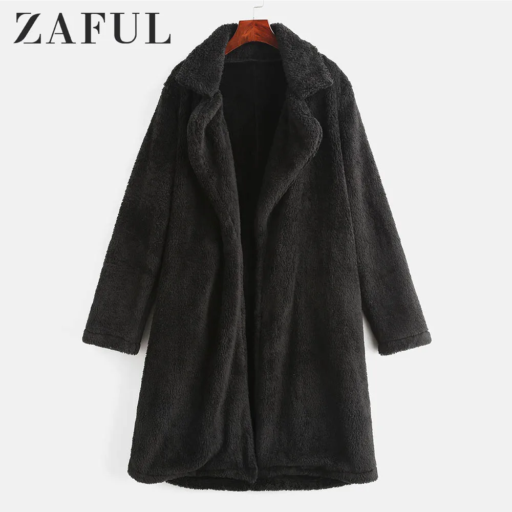 

ZAFUL Open Front Plain Faux Fur Coat Wide-Waisted Women Fur Outwear Solid Long Lapel Jackets Open Stitch Thick Winter Coat Tunic