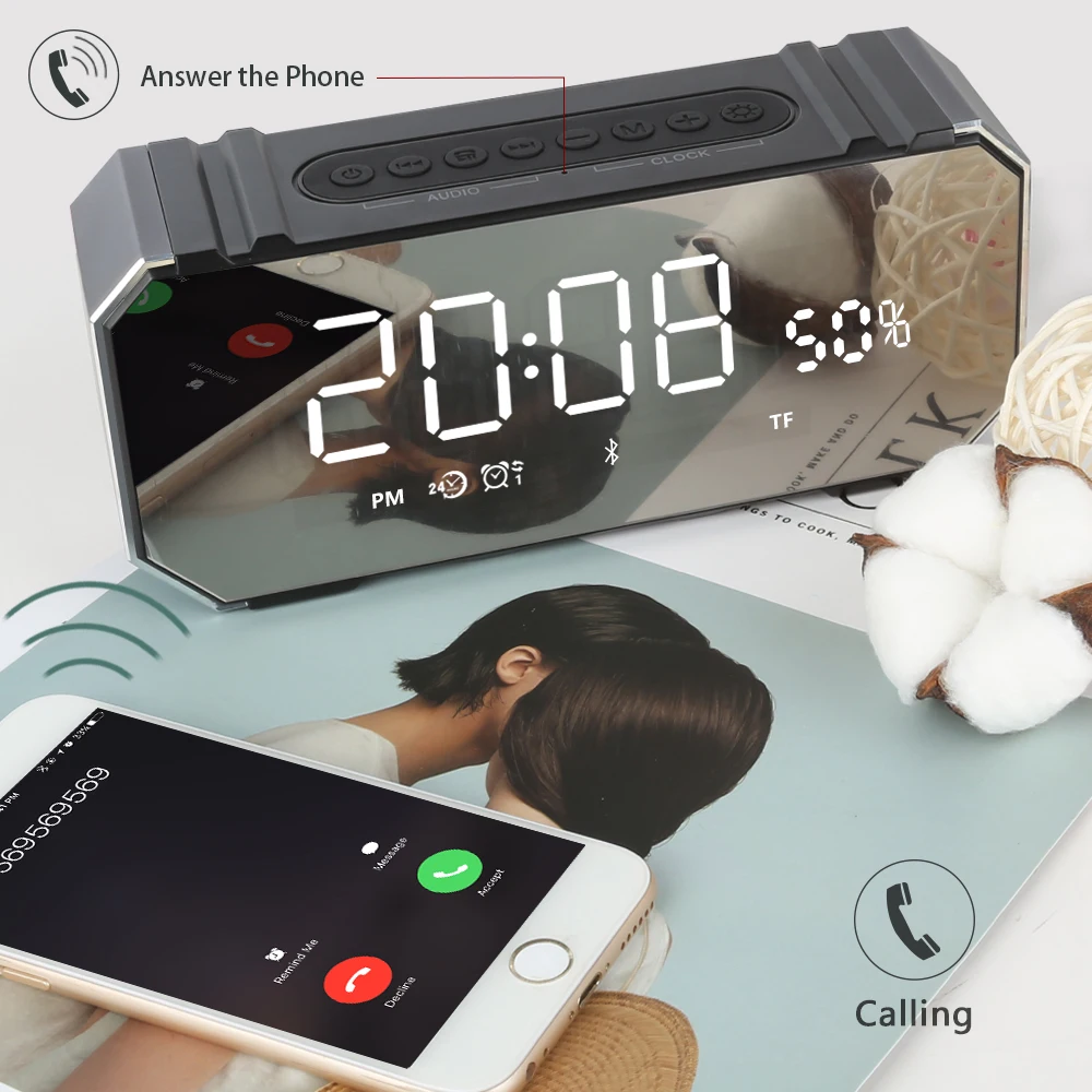 

Double Digital Alarm clock TF Line in FM Radio 10w Bluetooth Speaker Wireless Stereo Aluminum Music Player Support Time Display